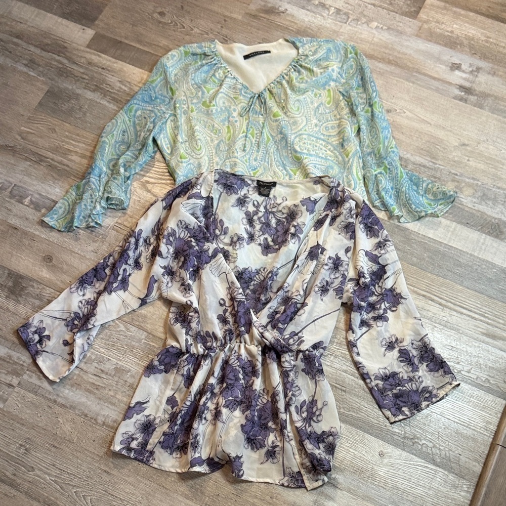Bundle SilkLand and Nue Options  Floral Wrap Tops - Purple and Cream Size S